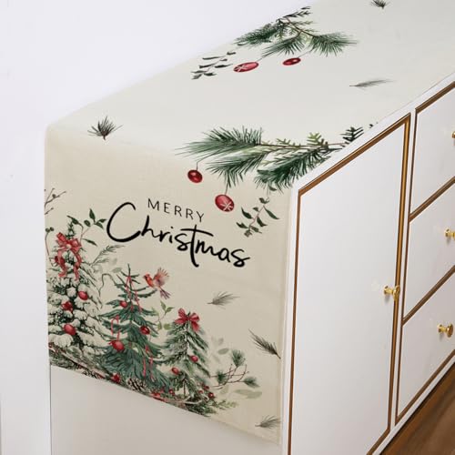 Christmas Tree Cardinal Table Runner 13x72 Inch Holiday Kitchen Decor