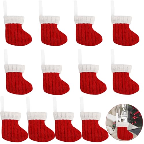 KIMOBER 12 Pcs Mini Knit Christmas Stockings,4 Inch Small Red Knitted