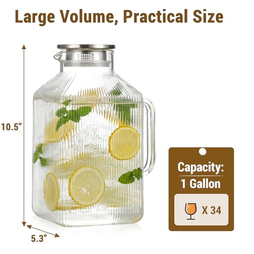 Snuvid 1 Gallon Square Classic Stripes Glass Pitcher with Lid - Vintage Style, Large Capacity, Dishwasher Safe, for Iced Tea & Beverages (Variation 1)
