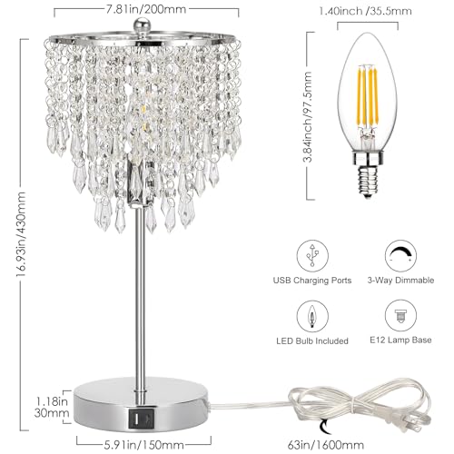 Seaside Village Silver Touch Control Crystal Table Lamp with USB C+A Ports, 3-Way Dimmable Nightstand Lamp, Includes B11 LED Bulb