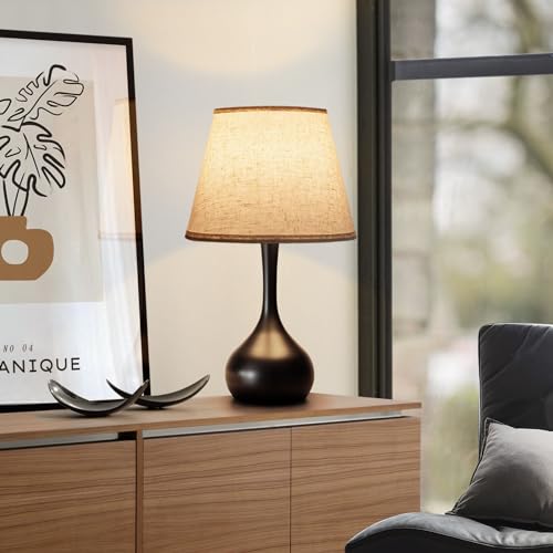 Touch Bedside Lamp Farmhouse 3-Way Dimmable Table Lamp with Linen Shade - Beige & Black, 17.3"