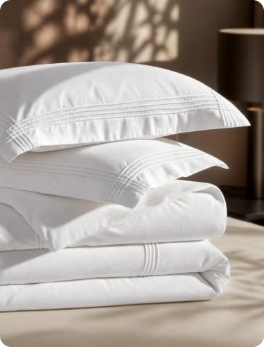 Bedsure Queen 100% Cotton Percale Duvet Cover Set White Rope Weave - Hotel Style
