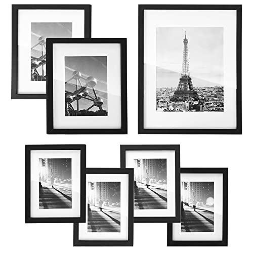 SONGMICS Gallery Wall Frame Set of 7 - Black, 11x14, 8x10 & 6x8 Sizes with Mats