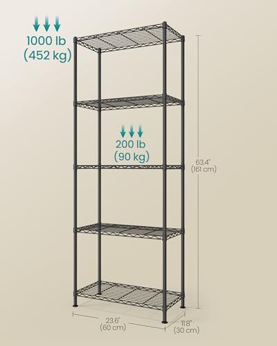 SONGMICS Black 5-Tier Adjustable Wire Shelving Unit with 8 Hooks, 11.8"D x 23.6"W