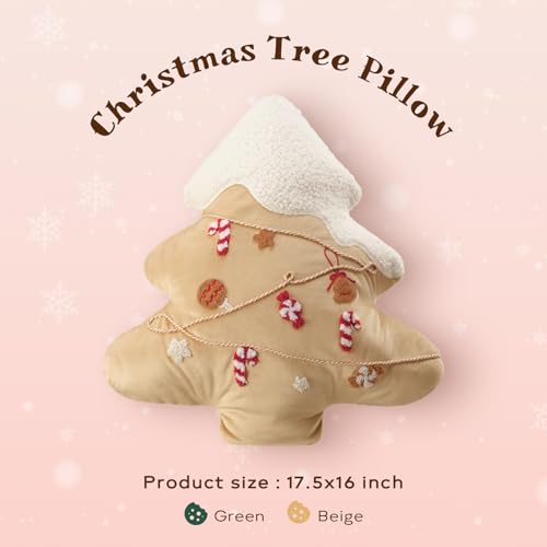 Beige Ashler Christmas Tree-Shaped Pillow with Embroidery, 19x17 Inches