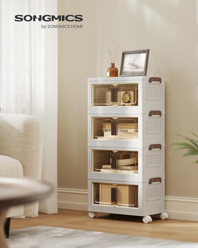 White SONGMICS 26QT Stackable Storage Bins with Lid - 4-Tier Foldable Organizer