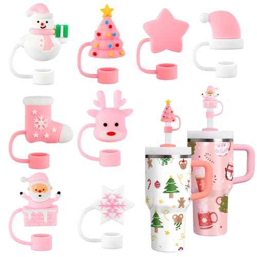 8 Pcs Christmas Straw Toppers for Stanley Cups, 3D Santa Claus Xmas Tree Straw Cover Caps Decoration for 30&40 oz Tumblers with DIA 10 mm Straws (Pink)
