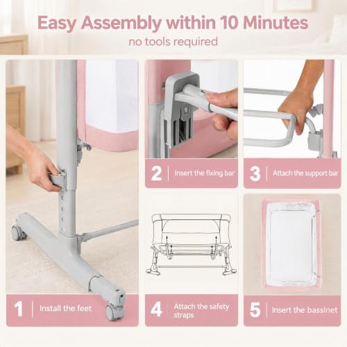 INFANS 3-in-1 Baby Bassinet Bedside Sleeper Pink 34x25x32 Inches with Rocking
