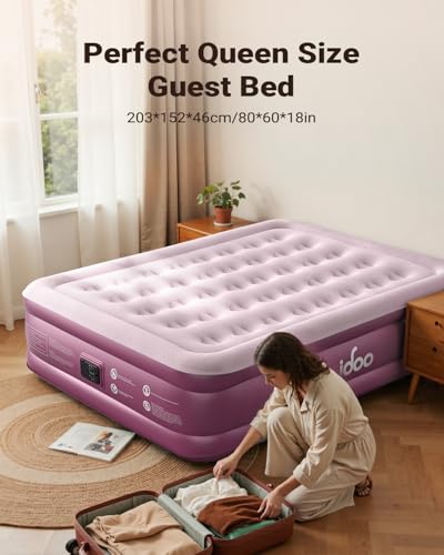 Pink Lilac Queen Air Mattress with Built-in Pump - 18 Inch Blow Up Bed