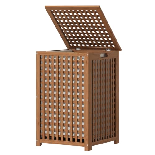 Walnut Laundry Hamper with Lid - 120L Bamboo Clothes Basket with Removable Liner