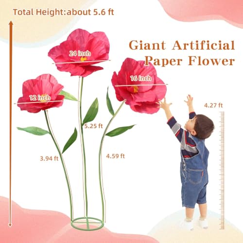 YOFNIRG 5.9 Ft Large Paper Flowers with Standing Base – Giant DIY Poppies (B-red) for Decor
