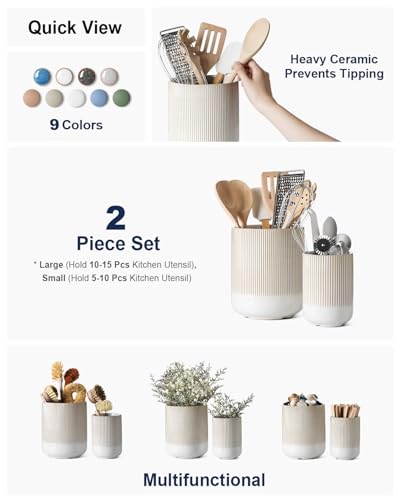 Ceramic Kitchen Utensil Holder Set - 7.3 & 5.4 Inch Warm White Reactive Glaze