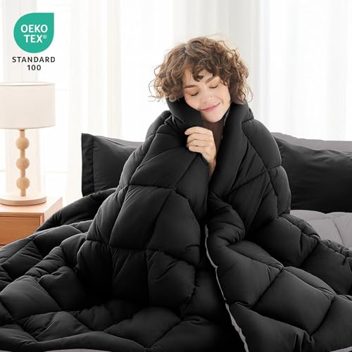 King Reversible Comforter Set 7 Pieces - Black and Soot Bed in a Bag, 104x90