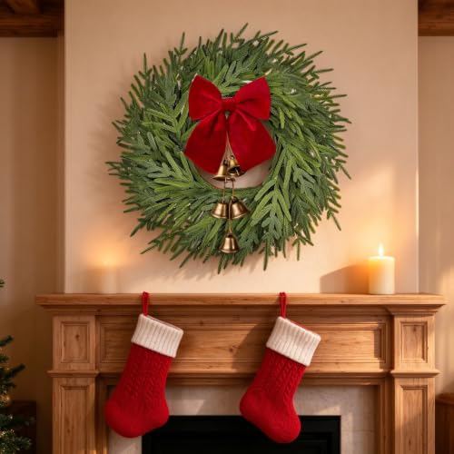 ICX 22-Inch Norfolk Pine Wreath with Bow & Bells - Realistic Holiday Decor