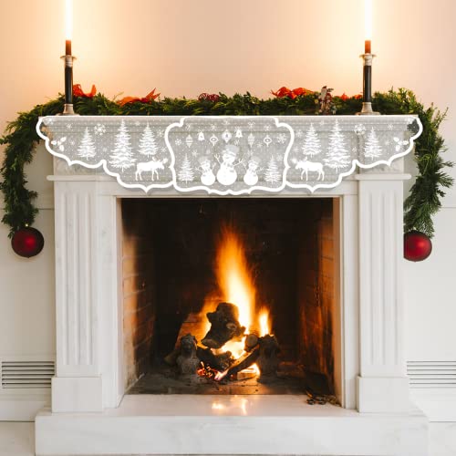 Christmas Fireplace Scarf 20 x 90 Inch Fireplace Cloth White Snowman Christmas Tree Decoration Lace Mantel Cover Runner for Holiday Home Living Room Decor