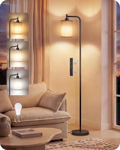 Dimmable Floor Lamp with Remote & 10W Bulb - Black + Beige Modern Living Room Light