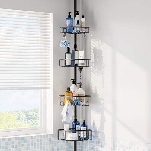 ESSEME Black Corner Shower Caddy Tension Pole - 4-Tier Rustproof Bathroom Organizer