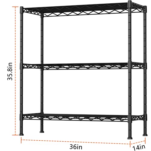 Heavy Duty 3-Shelf Storage Shelves - 36x14x35.8 Black Metal Wire Rack with Adjustable Height - No Wheels