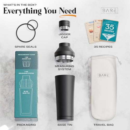 Bare Barrel Insulated Cocktail Shaker Set Matte Black - Double Wall Stainless Steel, Built-in Measure & Strainer, Travel Bag, Recipes, Gift