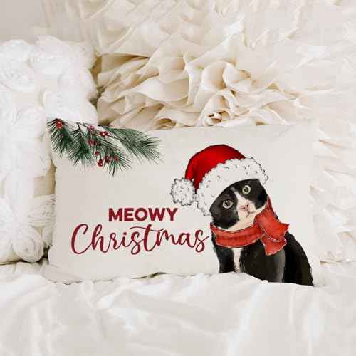 AOFANGGO Christmas Pillow Cover 12x20 inch Cat with Hat Meowy Xmas Throw Pillow Winter Holiday Decorations Farmhouse Rustic Cushion Cover for Bed Chair Sofa Couch Rectangle