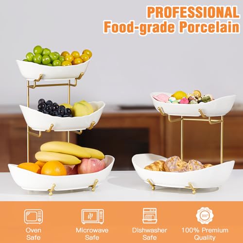 Gold 3-Tier Ceramic Fruit Basket for Kitchen Counter - Large