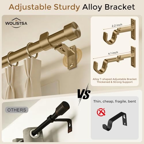 Wolistsa Heavy Duty Antique Brass Curtain Rod 36-184 Inch Warm Gold - Single Pack, Adjustable & Seamless