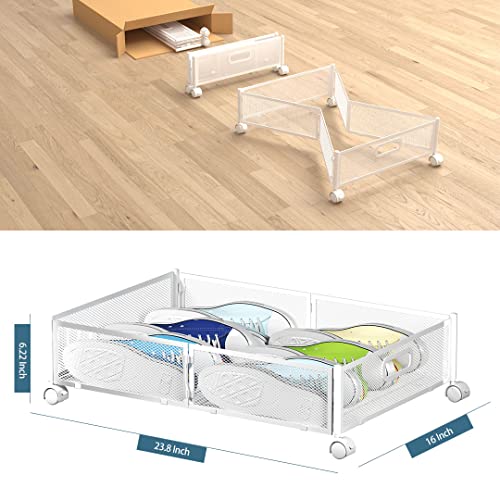 White Under Bed Storage Containers with Wheels - Foldable Closet Organizer for Clothes, Shoes & Blankets - 2 Pack