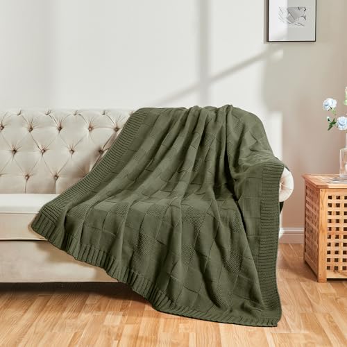 Olive Green Knitted Checkered Throw Blanket 50x60 Inches - Cozy & Stylish