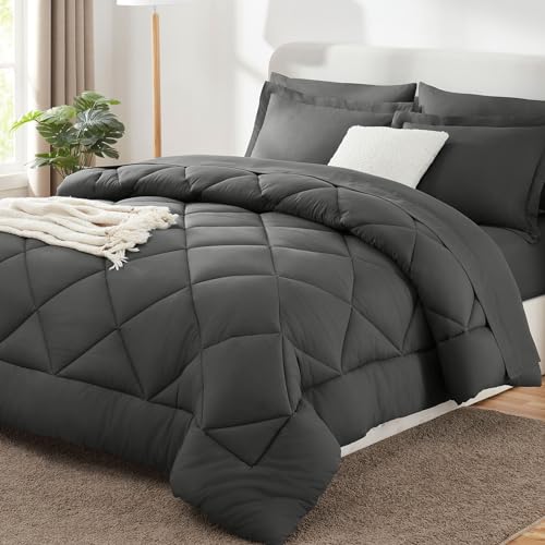 King Comforter Set 102x90 Dark Grey - 7 Piece Bed in a Bag - CozyLux