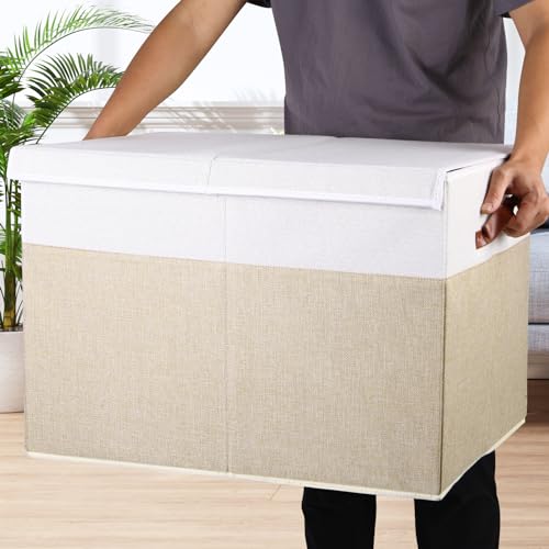 Large Toy Storage Box with Lid and Divider - 26x17x17 Inches Beige White