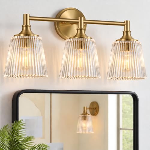 Gold 3-Light Bathroom Vanity Light Fixture with Ribbed Glass - Wall Sconce - Variation of THIS listing