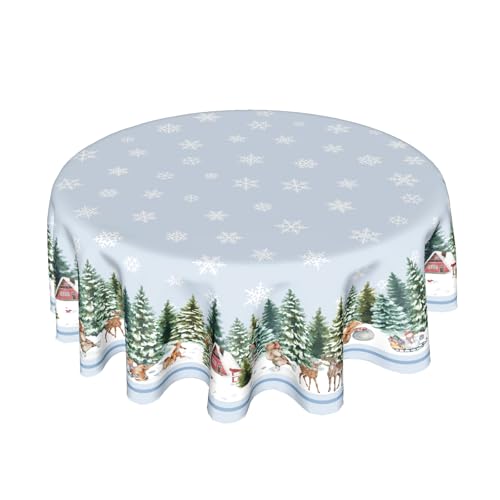 Sweetshow 60 Inch Winter Snowflake Blue Round Christmas Tablecloth with Deer & Squirrel Design
