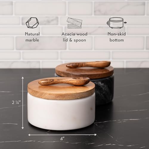 Marble Salt and Pepper Bowls Set with Wooden Lids & Spoons – Elegant Kitchen Accessories