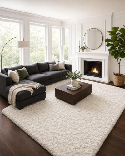 Ophanie 8x10 Ivory Shag Area Rug for Living Room & Bedroom, Washable Non-Slip Large Carpet, Nursery & Dorm Decor