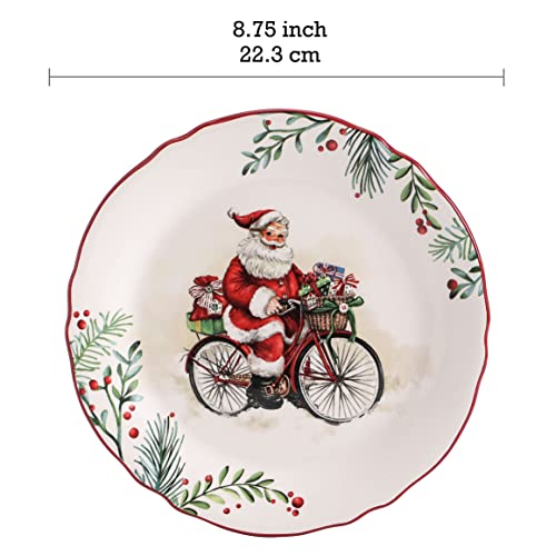 Bico Santa On The Way Scalloped Christmas Salad Plates Set of 4, 8.75 Inch