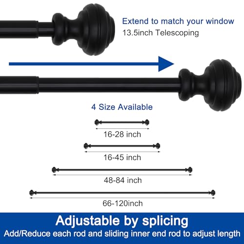 16-84 Inch Black Heavy Duty Adjustable Curtain Rod Set with Finials - 2 Pack