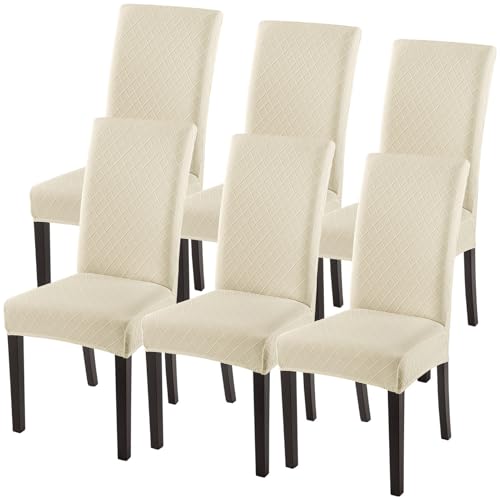 SearchI Beige Rhombus Set of 6 Dining Chair Covers - Stretch Jacquard Parson Slipcovers