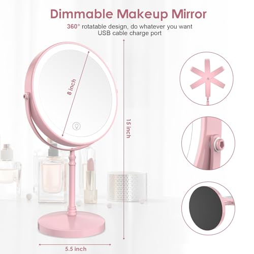 Pink Rechargeable LED Makeup Mirror with 3 Lights, 10X Magnification