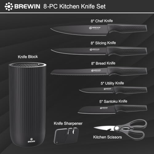 Brewin Charcal 8-Piece Kitchen Knife Set with Block & Scissors – Sharp, Non-Stick, Stainless Steel