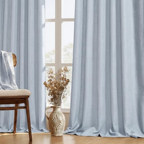 Chambray Blue Linen Textured Semi Sheer Curtains Set of 2 - 42W x 96L, Farmhouse & Living Room