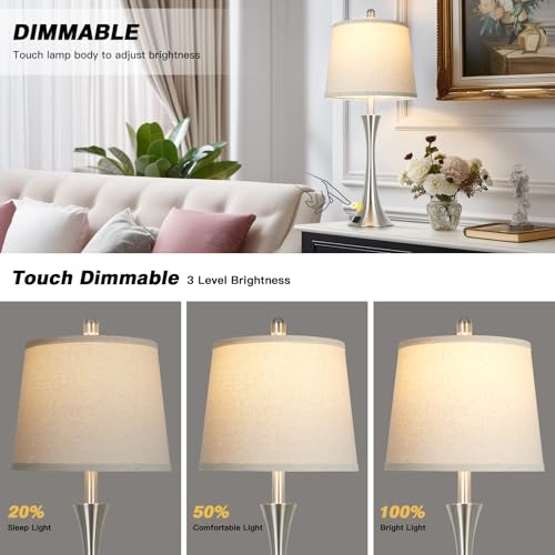 Rinweey 27.5" Silver Set of 2 Touch Bedside Table Lamps with USB-C & A, Dimmable Nightstand Lights with Beige Shades, Bulbs Included