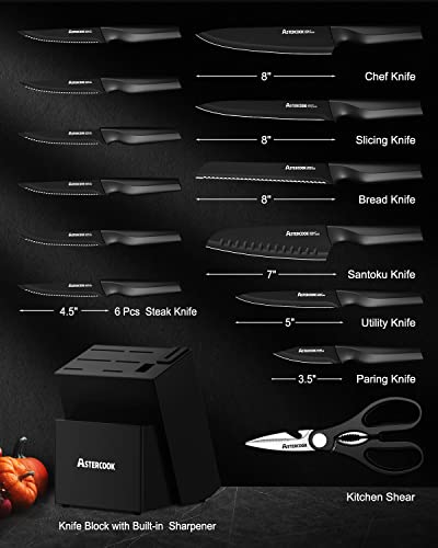 15-Piece Kitchen Knife Block Set with Sharpener - German Stainless Steel, Black