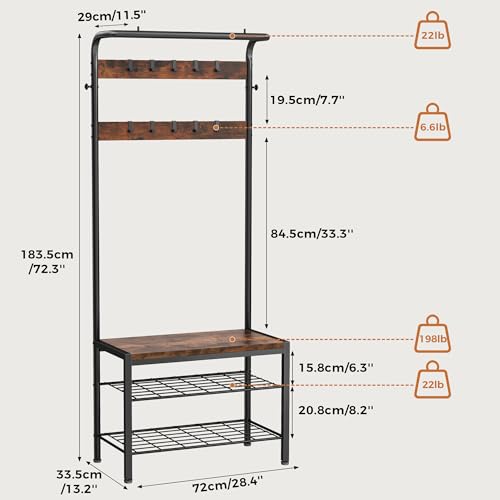 DUMOS 5-in-1 Hall Tree with Coat Rack Shoe Bench & 13.5x28.7x73 Dark Brown