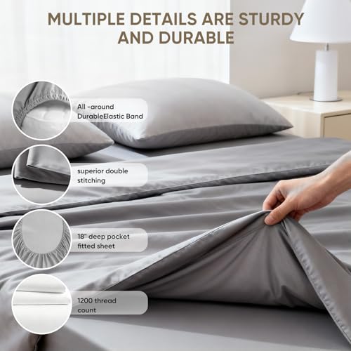 TWK 1200 Thread Count Egyptian Cotton Bed Sheet Set Gray Queen Deep Pocket