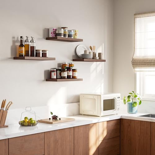 Rustic Brown Floating Shelves Wall Set of 4 - 16 Inch Wall Mounted Storage & Display