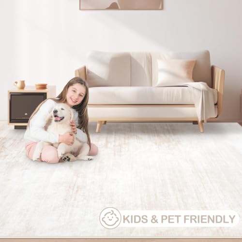 Beige 5x7 Washable Modern Abstract Area Rug Non-Slip Soft Indoor Carpet for Living Room, Bedroom, Kitchen, Office - Rectangular