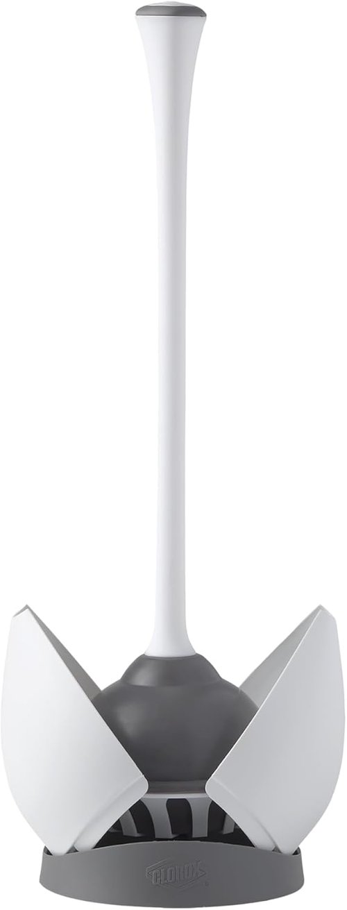 Clorox Toilet Plunger - Heavy-Duty Design with Non-Skid Rubber Base | Compact Holder Caddy, 6.5x19.5-Inch, White