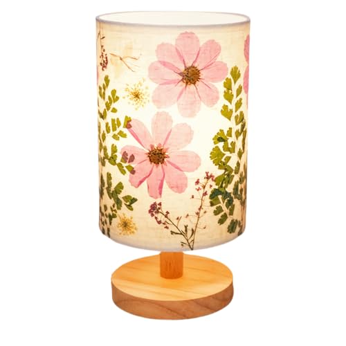 Pressed Flowers Small Table Lamp - 3-Color LED Bedside Lamp with Wooden Base