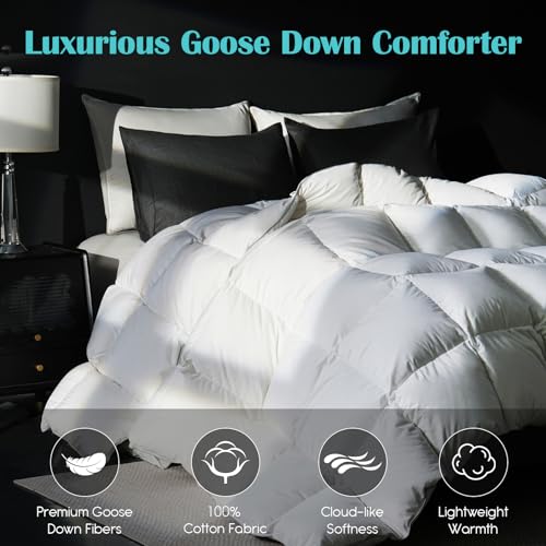 King Size Goose Feather Down Comforter - White, Luxurious Hotel-Grade Bedding