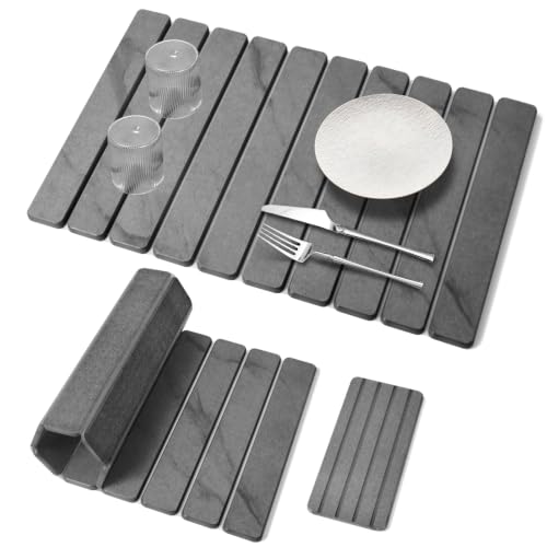 Sangukiro Marble Gray Large Stone Dish Drying Mat 24x16 with Coasters, Non-Slip Kitchen Counter Protector